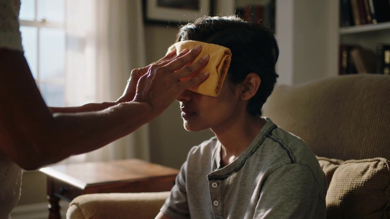Moving with yellow cloth, parent pressing and smoothing it to adolescent forehead at home, soothing