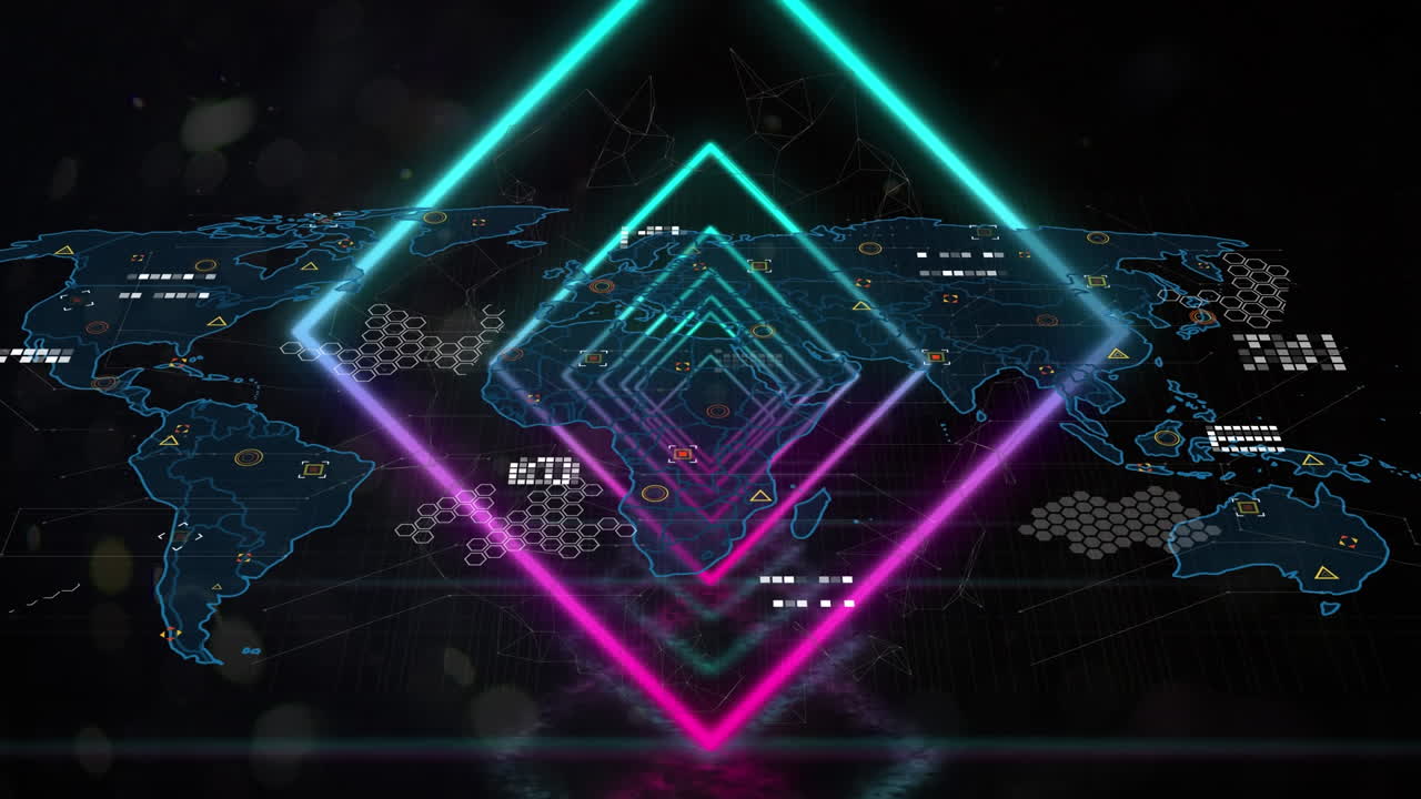 어두운 배경 위의 데이터 처리 및 세계 지도의 애니메이션