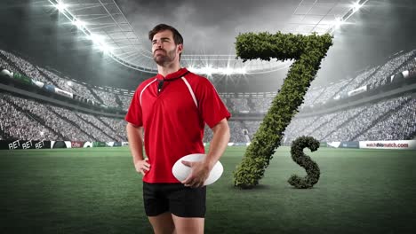 Animation-of-caucasian-rugby-player-with-7s-text-in-rugby-field-sports-stadium