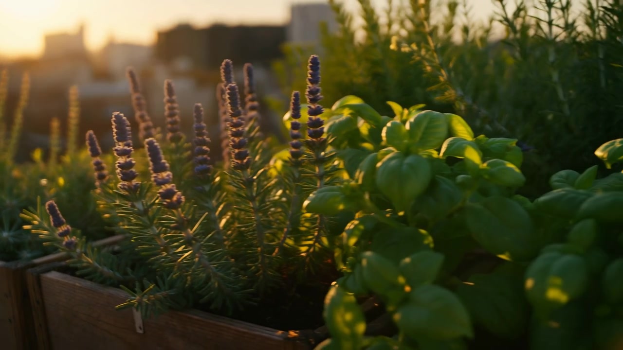 Scena ravvicinata di un giardino pensile con una fioriera in legno riempita con spighe di lavanda, basilico, piante grasse, fogliame aghiforme e un morbido skyline urbano nella calda luce della sera, un'ambientazione di stile di vita verde e calma.