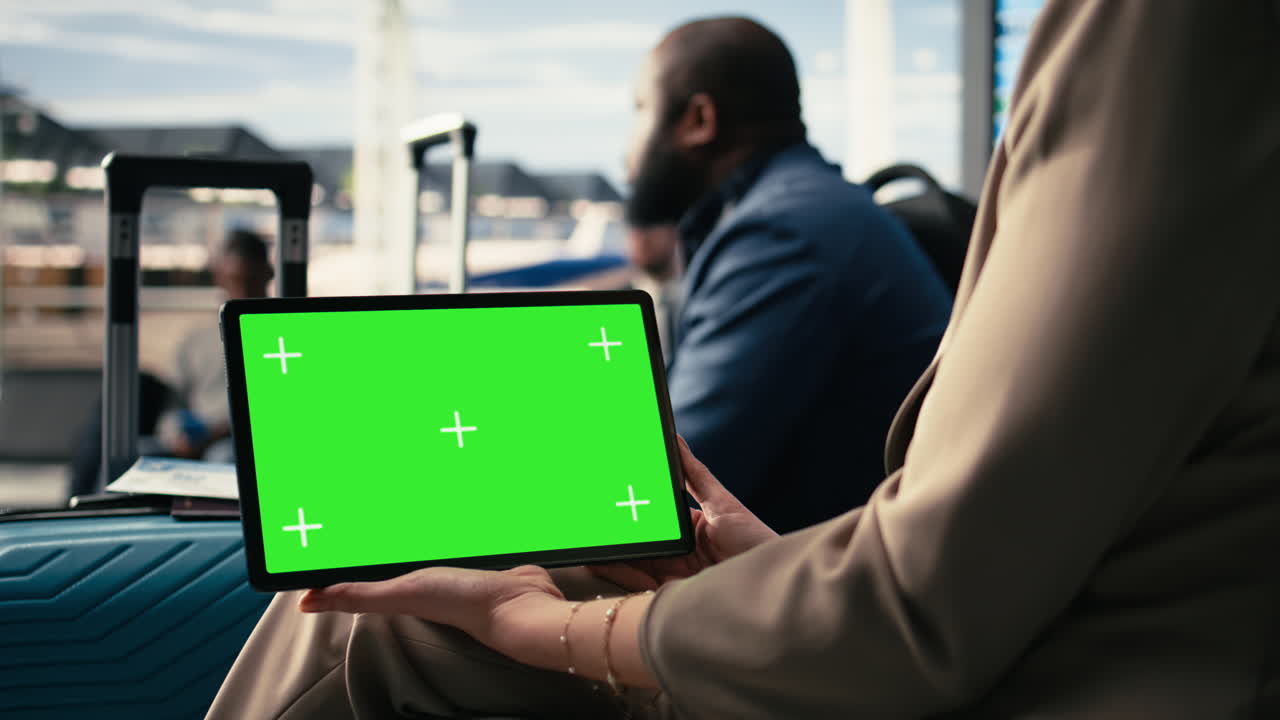Tablet layar hijau di area tunggu bandara yang ramai dengan penumpang di dekat gerbang