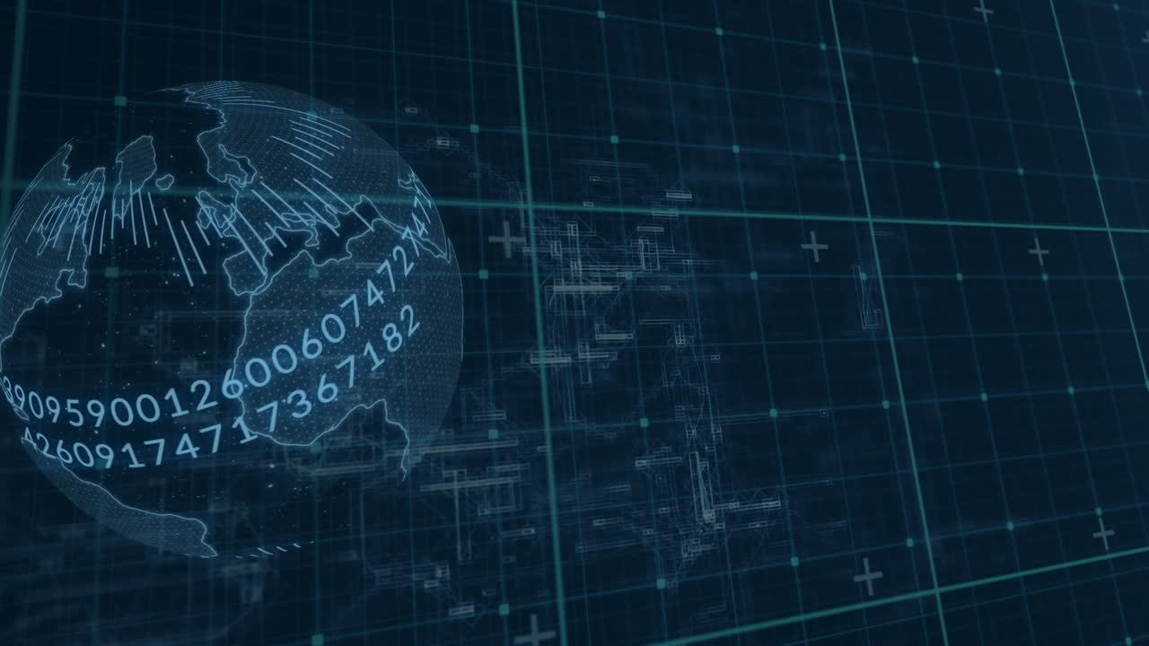 анимация вращающегося глобуса и обработка данных на синем фоне