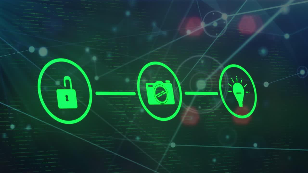 Animation of network of connections over data processing in icons on black background