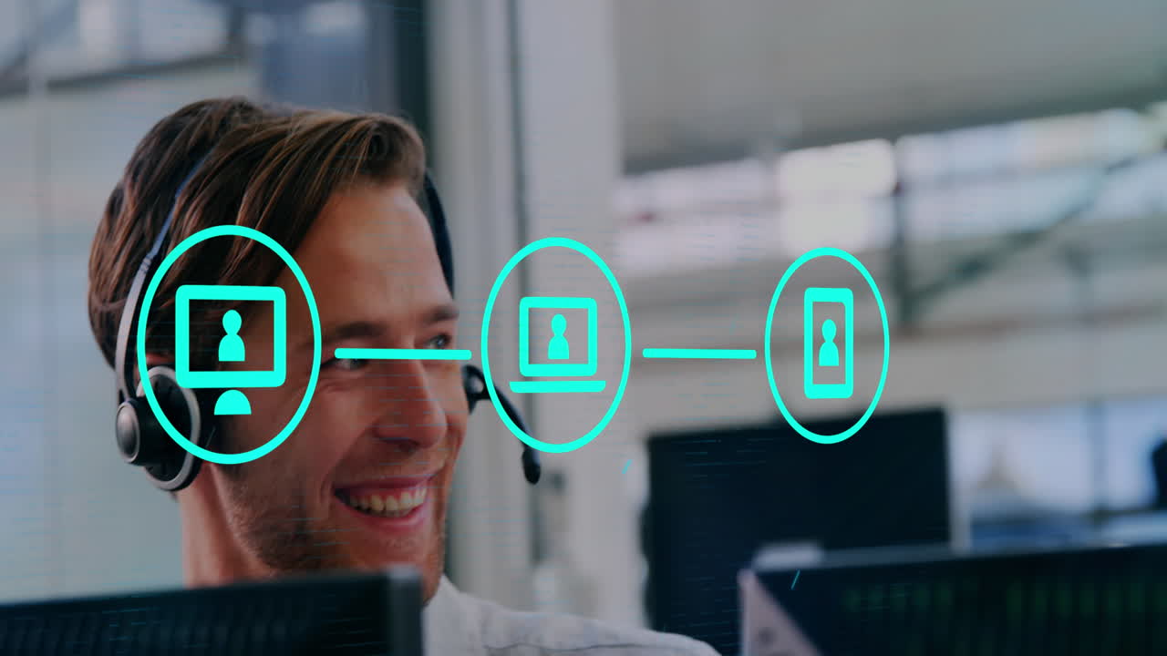 red de iconos de conexión contra el hombre hablando en auriculares de teléfono