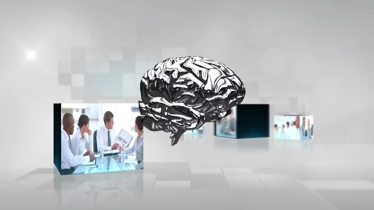 Animation of silver brain over diverse business people