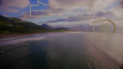 animación de burbuja de habla, ia en el cerebro, imágenes digitales sobre vista aérea del mar y las montañas