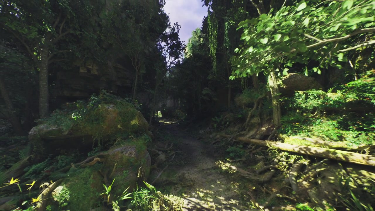 Paysage crépusculaire avec un sentier accidenté et des secrets cachés.
