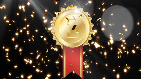 animation of gold medal and confetti floating on black background