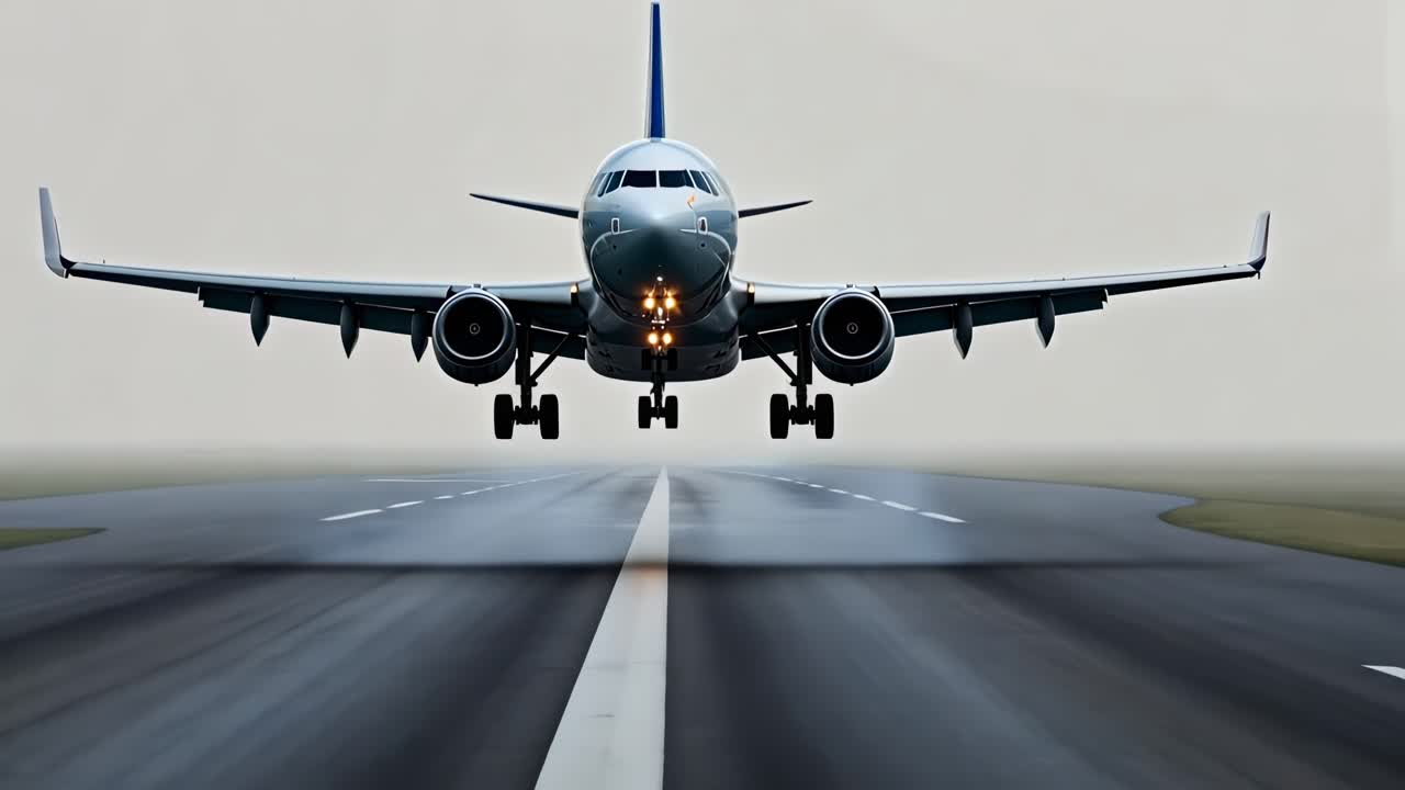 A head-on view of an airplane landing on a runway, captured from a low angle, conveying motion