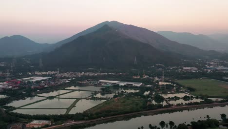 dolly aéreo en los campos de humedales de nam sang wai fishpond rodeados de vegetación, colinas en el fondo en un día nublado, hong kong, china