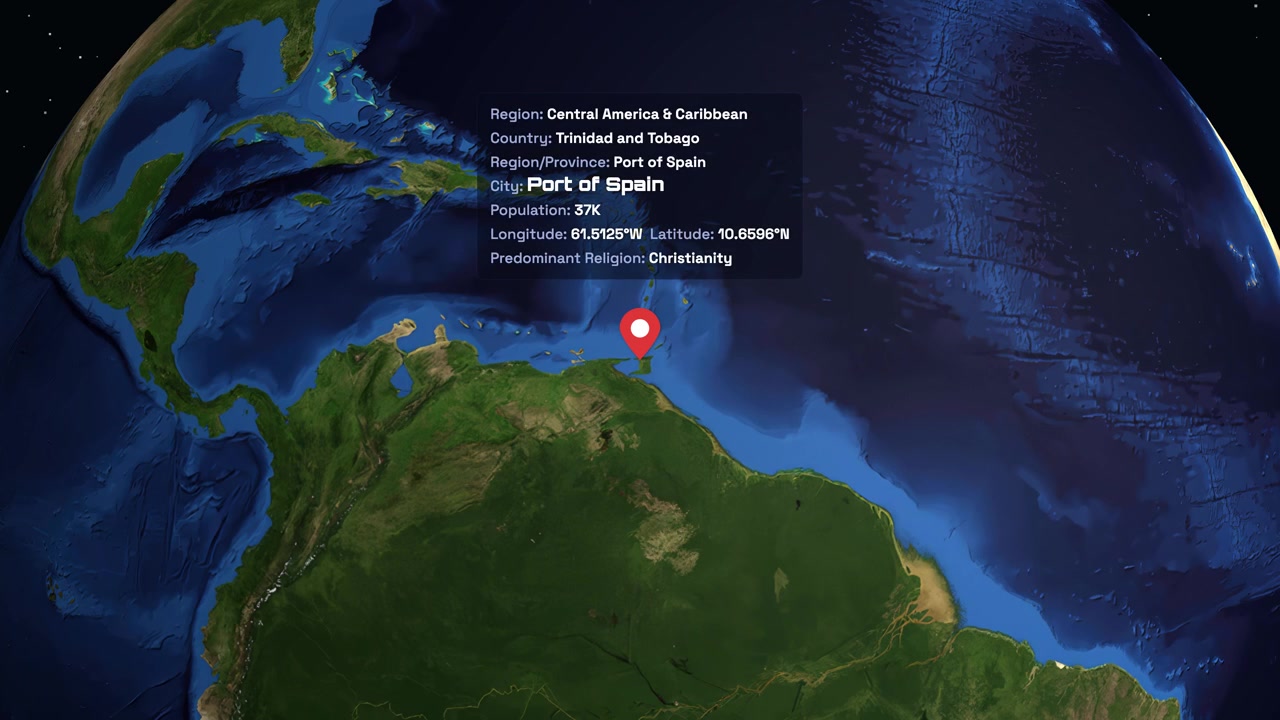 Digital globe rotates and zooms into Port of Spain with location data and map pin
