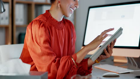 Happy,-typing-and-woman-with-a-tablet