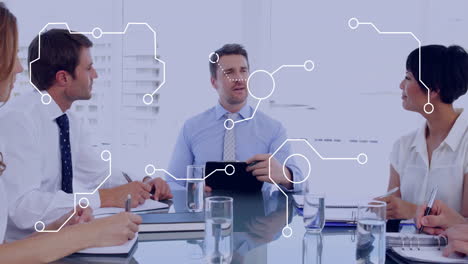 in office, diverse professionals discussing with digital network animation overlaying meeting