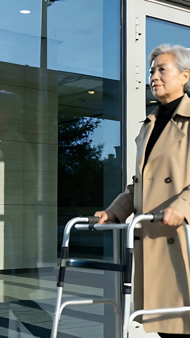 Vídeo vertical: Mulher caminhando com casaco bege, começando perto de portas de vidro, empurrando andador, com espaço para texto