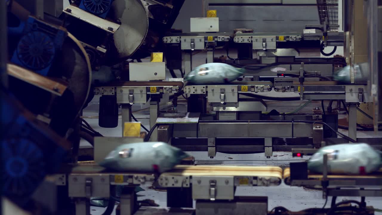 cinta transportadora que mueve granos de café empaquetados a través de la fábrica de procesamiento