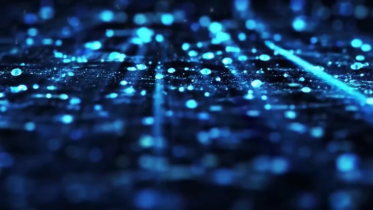 Abstract video with a close-up angle of glowing blue particles on a dark background
