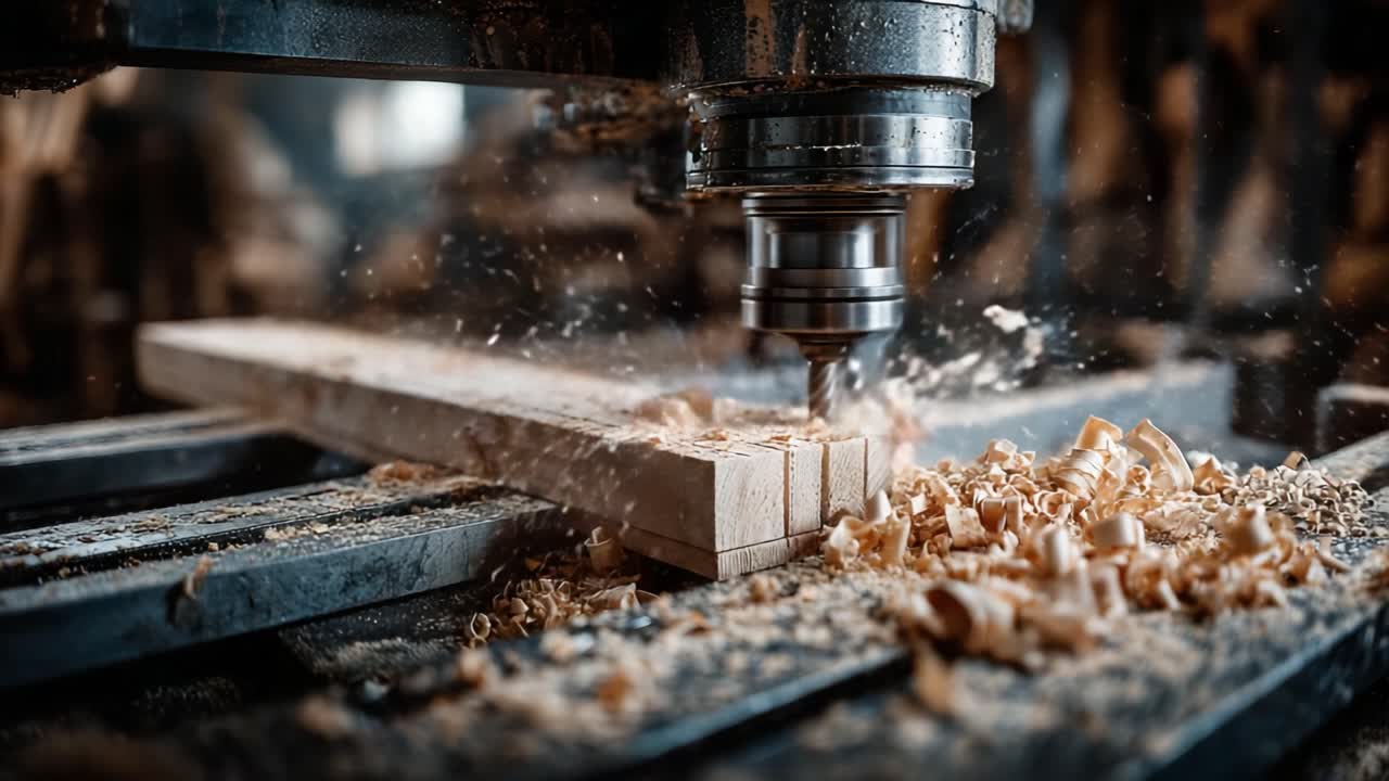 Precision Woodworking Process Captured: A Close-Up of a CNC Router Shaping and Crafting Wood with Swirling Shavings and Splinters in Motion
