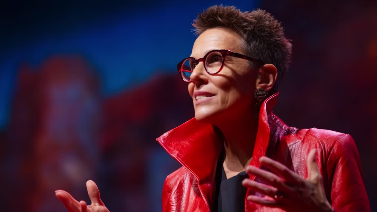 A dynamic speaker captivates the audience with powerful gestures and compelling storytelling, showcasing confidence and passion through expressive body language and vibrant attire