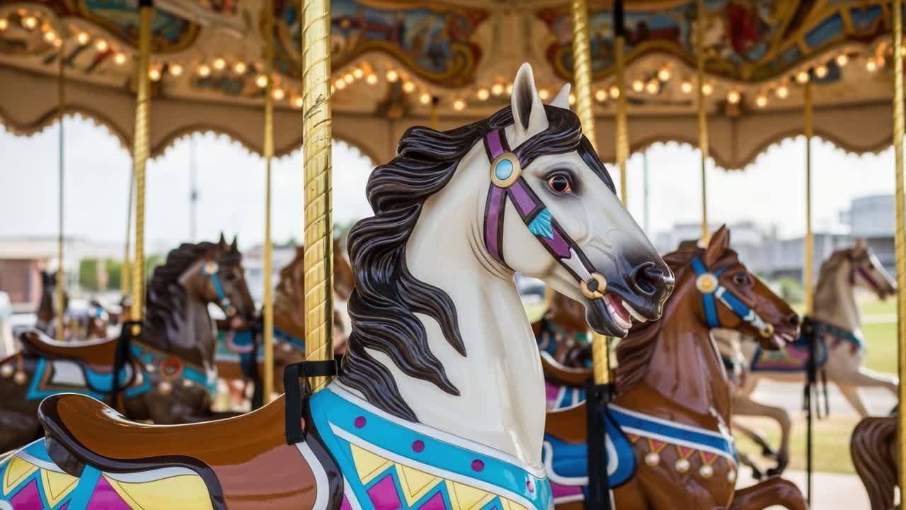 A Glimpse of Nostalgia: Beautifully Crafted Carousel Horses Stand Elegantly in a Vintage Amusement Ride, Capturing the Magic and Joy of Childhood Moments