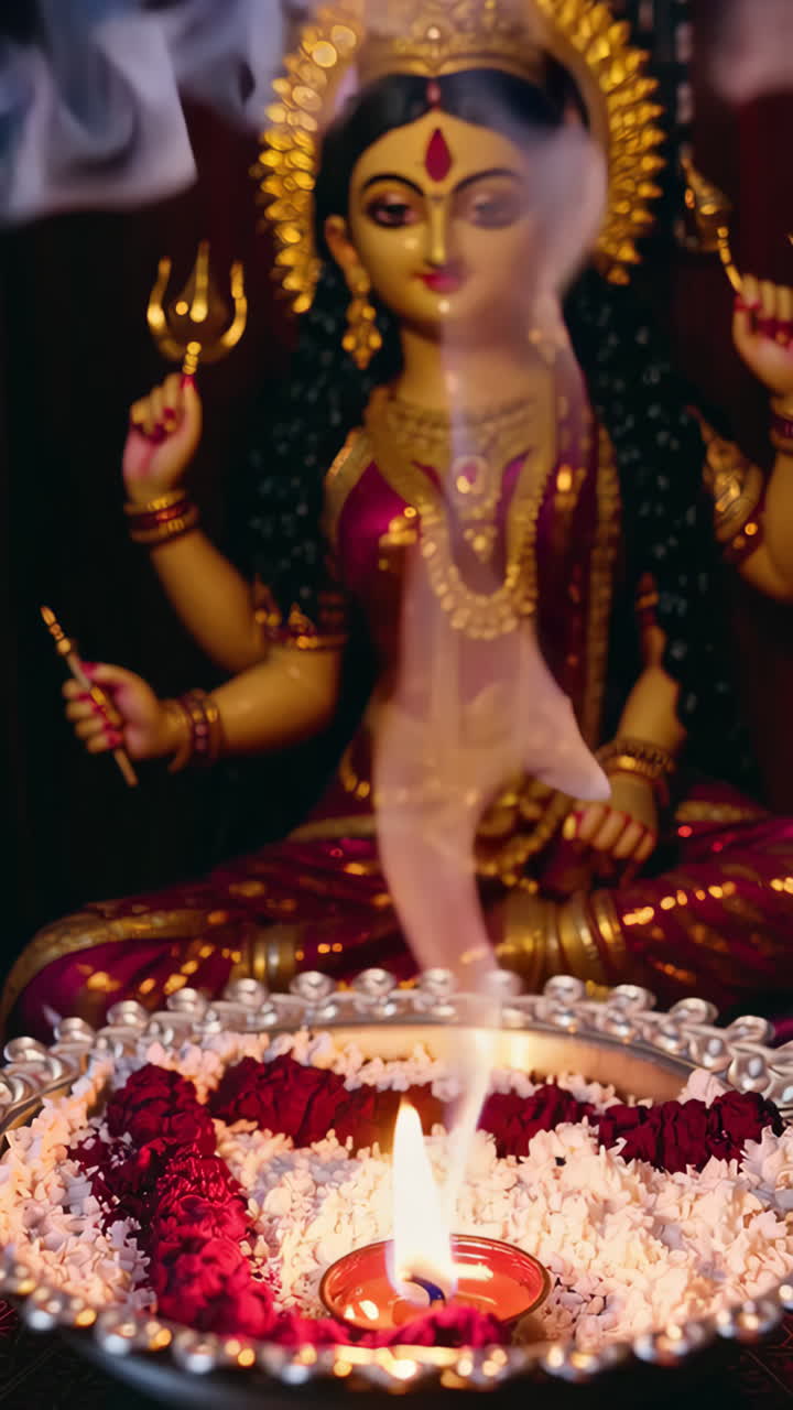 Hindu Goddess Durga Worship with Incense and Candle