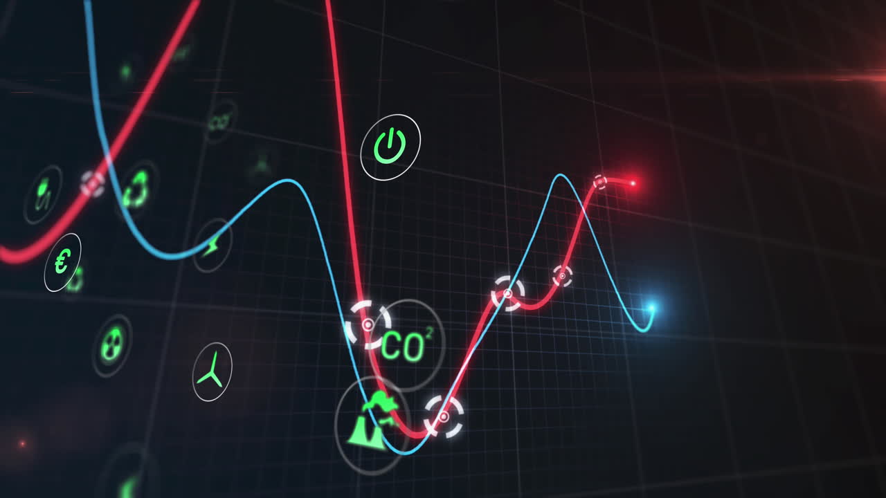 Animation of graphs and digital icons over black background