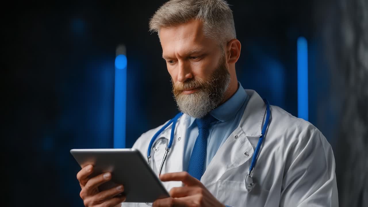 Focused Medical Professional Utilizing Technology to Access Patient Information While Exhibiting a Committed and Serious Demeanor