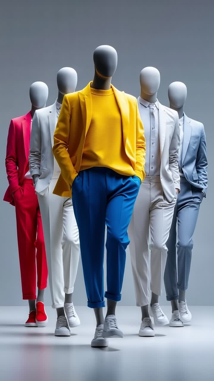 A group of mannequins dressed in different colored suits and sneakers