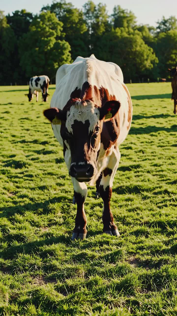 Low-angle video of a cow in a sunlit pasture, capturing a serene rural scene with lush greenery