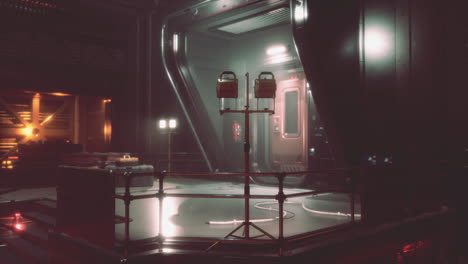 interior de la nave espacial: corredor futurista con iluminación de emergencia