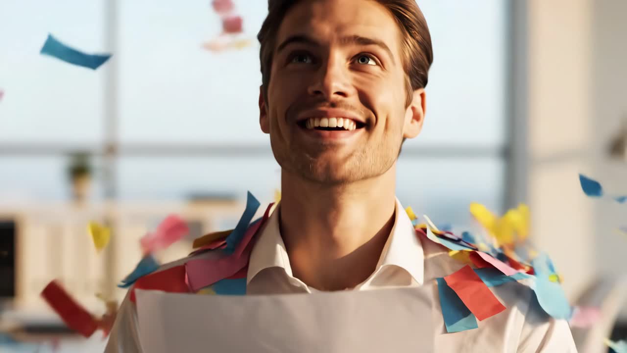 Uomo celebra il successo con coriandoli