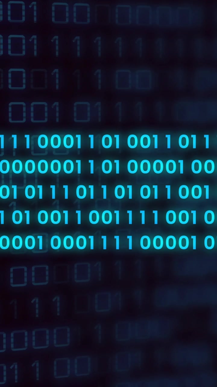 Glowing binary code sequence in digital animation on dark background