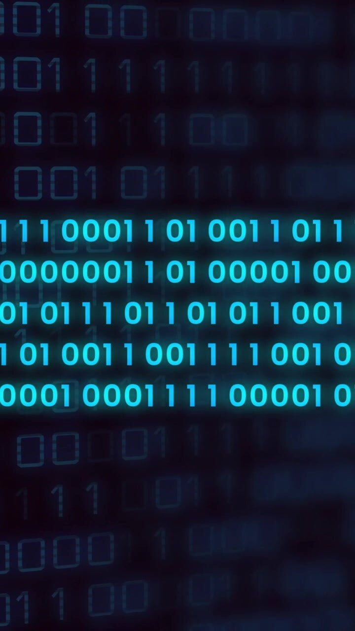 Glowing binary code sequence in digital animation on dark background