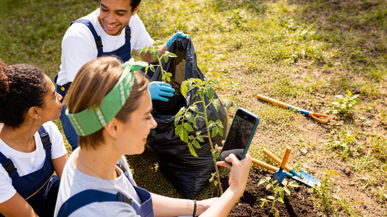 Tre volontari che si fanno un selfie con il telefono alzato, piantando un alberello al parco, con tute da lavoro e guanti.