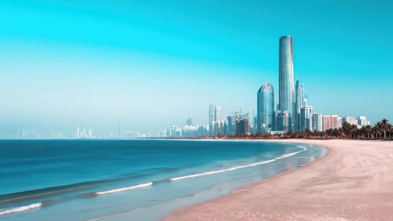 Modern City Skyline Overlooking a Calm Sandy Beach