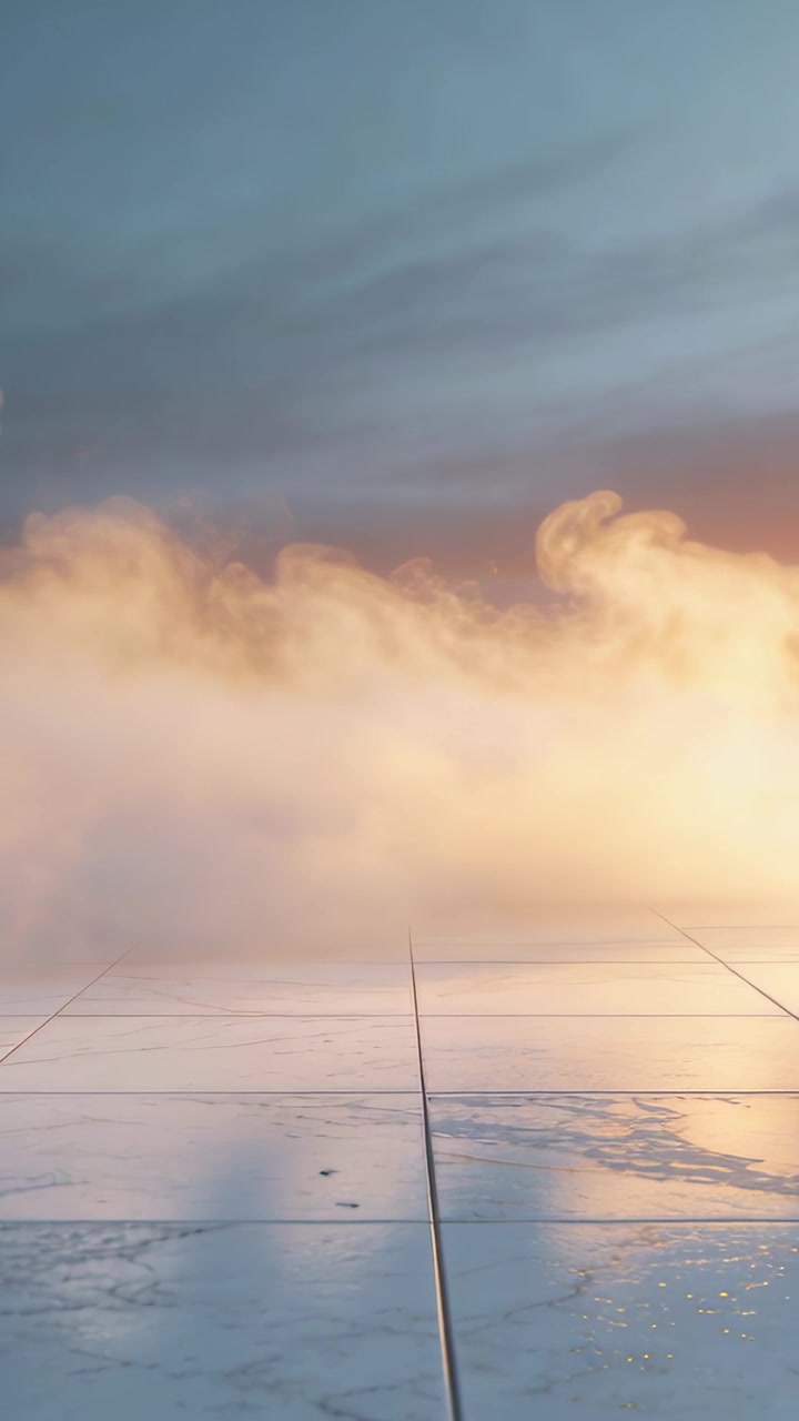 Vertical video: Drifting fog moving across wet tiles, dawn light pushing into glowing reflections