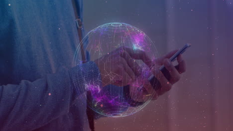 animation of globe of connections over man using smartphone in background