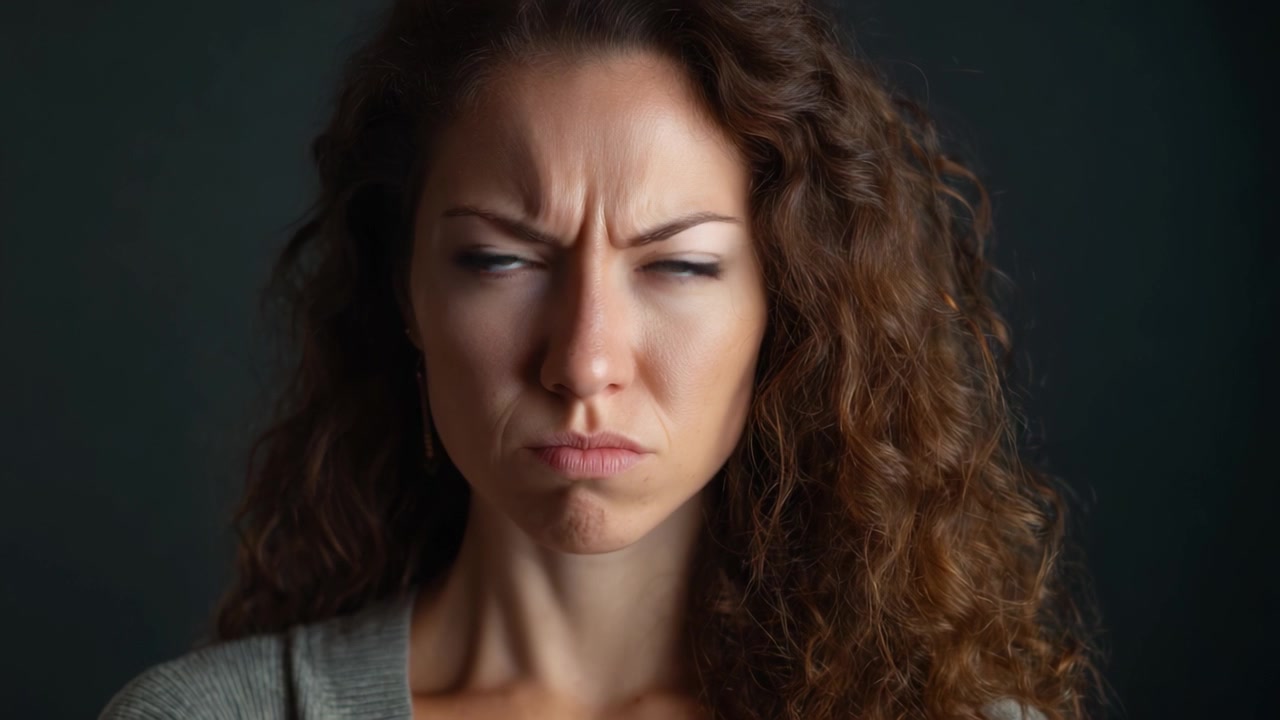 A captivating transformation of emotion is captured in two striking frames, showcasing the contrast between rage and joy on a woman's expressive face.