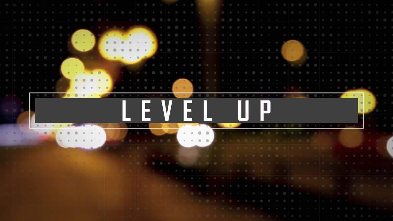 Animation of level up text over city at night