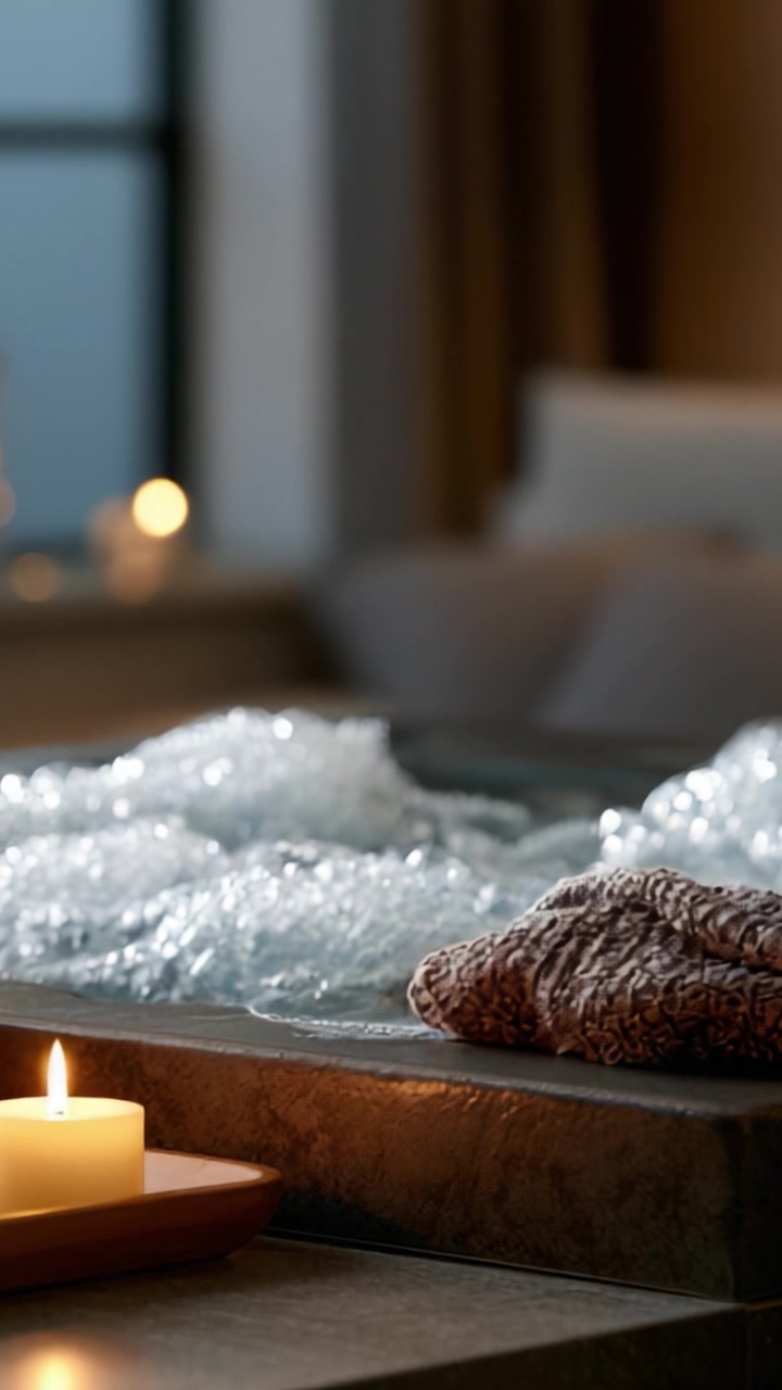 Ambiente spa rilassante con bolle, luce di candela e asciugamano testurizzato, creando un'atmosfera serena per momenti di indulgenza e cura di sé.