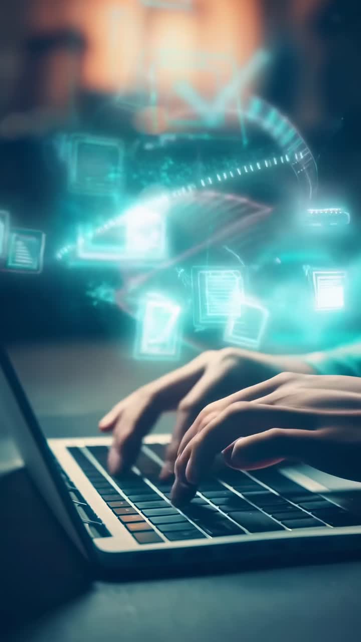 Close-up video of hands typing on a laptop, with digital icons floating above, shot at an angle