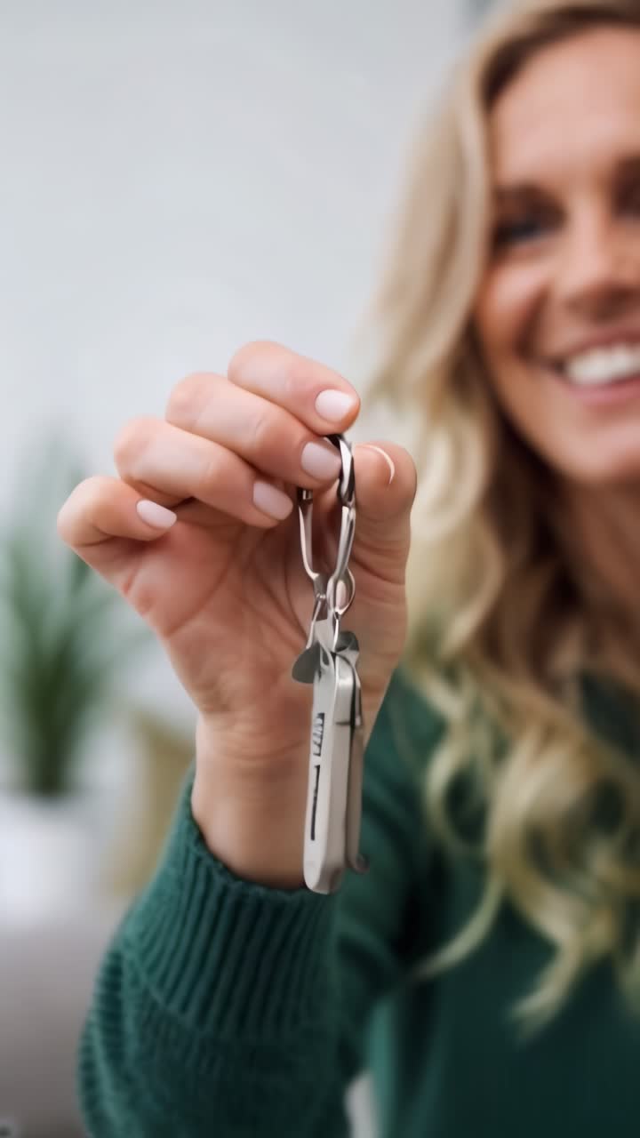 A close-up shot of a blonde woman's hand holding keys, symbolizing the new home.