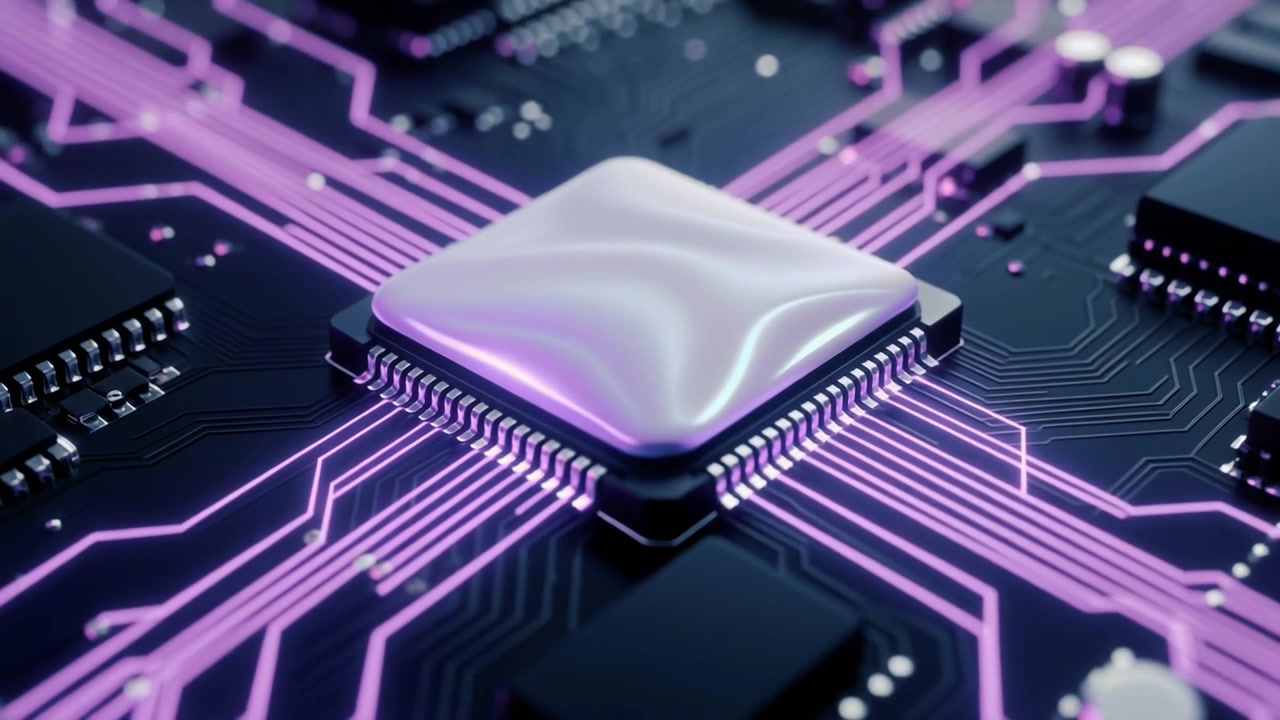 Centralprocessorchip med glødende datakredsløb på bundkort