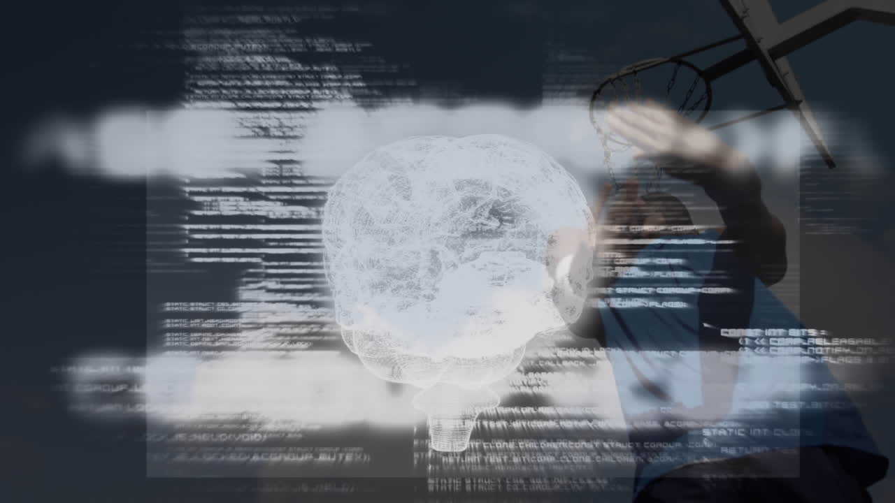 인간 뇌 모델 스피닝과 데이터 처리가 농구하는 아프리카계 미국인과 맞붙는다.