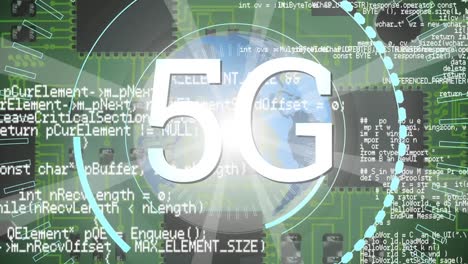 Animation-of-5g-over-data-processing-and-globe-over-integrated-circuits