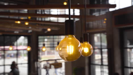 a close-up of a café's bulbs in a cabin-style backdrop