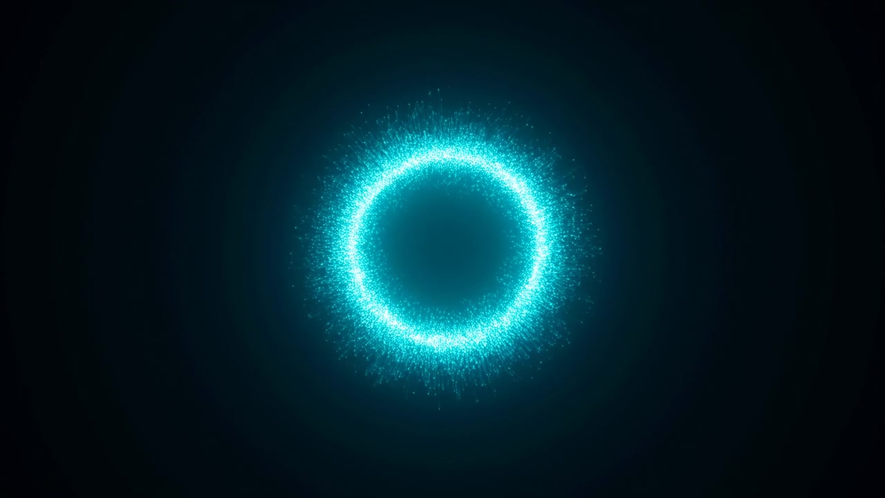 A luminous cyan particle ring floats centered on a deep black backdrop, emitting a soft radial halo and subtle outer sparks. The dense circular formation has