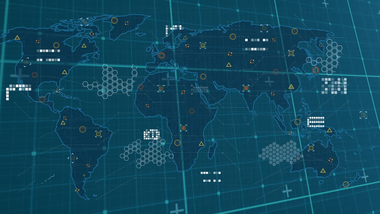 파란색 배경에 있는 데이터 처리 및 세계 지도의 애니메이션