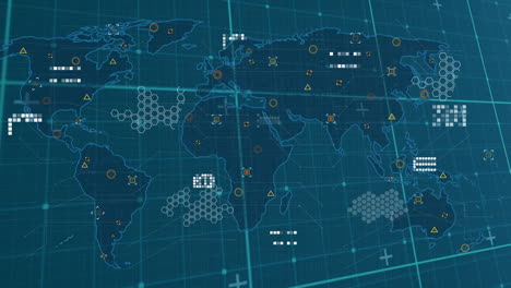 animación del procesamiento de datos y el mapa del mundo sobre fondo azul
