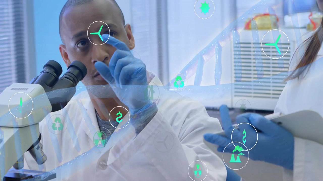 Lab researcher pointing holographic interface, technician holding clipboard with DNA helix overlay