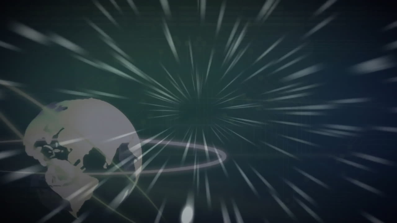 地球が回転し 軽い線が現れ 高速移動やデータ伝送を示唆しています